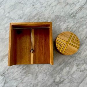 Wood and brass napkin holder and coaster set